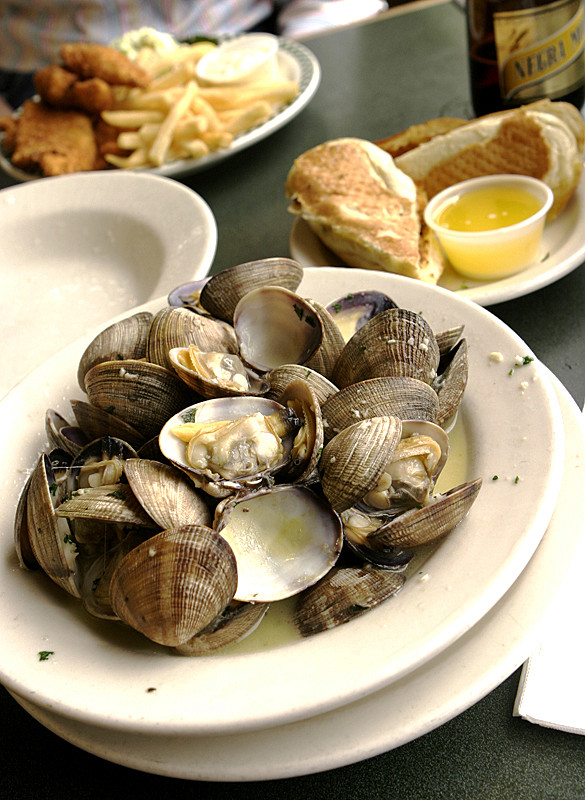 For her, fish and chips. For me, steamer clams!