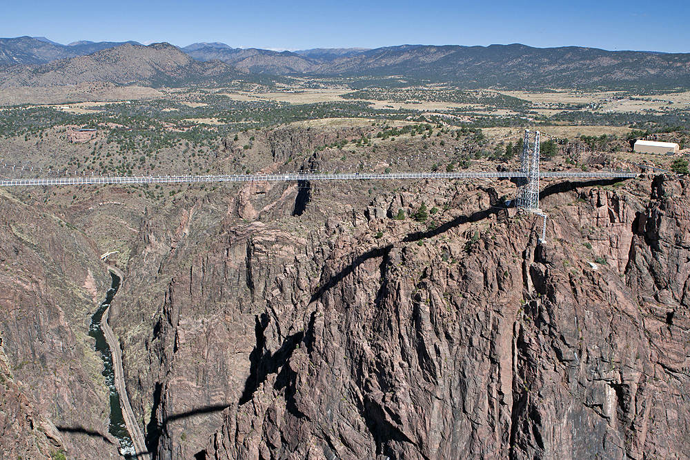 Looking west, gorge, bridge, river and distant foothills